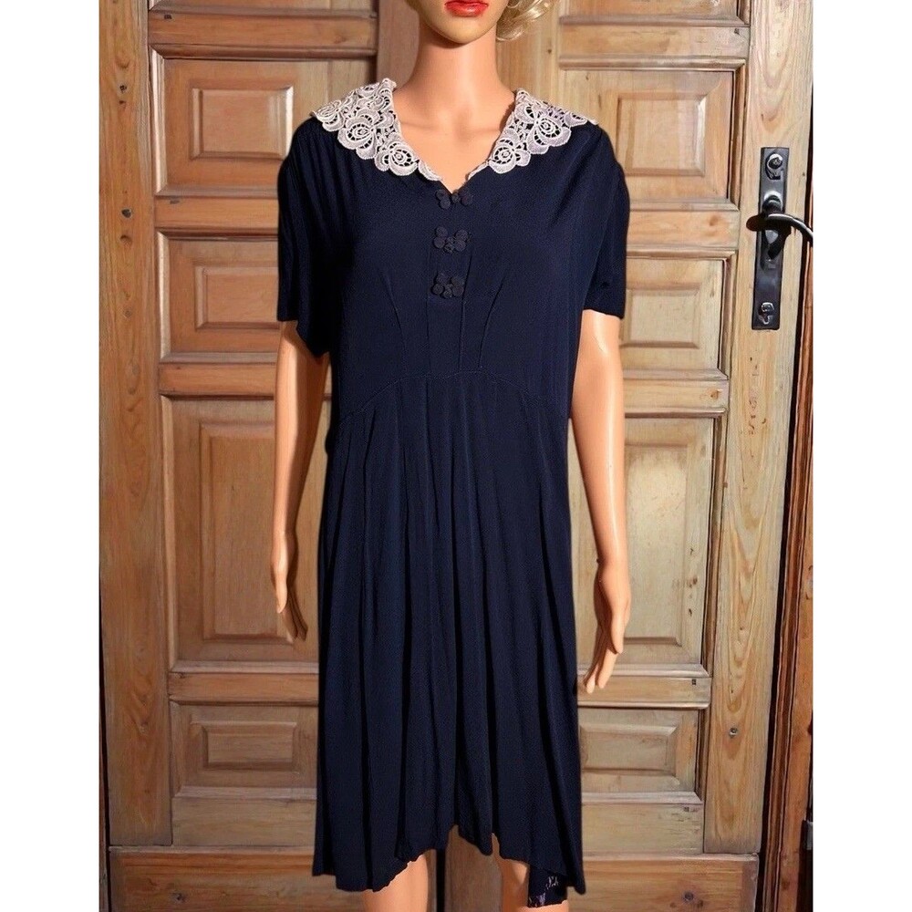 Vtg 1940s Crepe Dress Set With Bolero Pebble 36W/L WWII Crochet Lace Academia